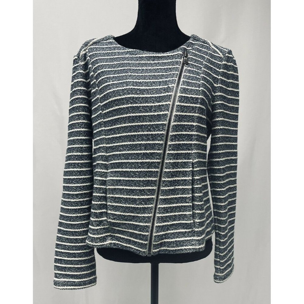 Lou & Grey Navy Blue Side Zip Long Sleeve Striped Cardigan Sweater Size Large